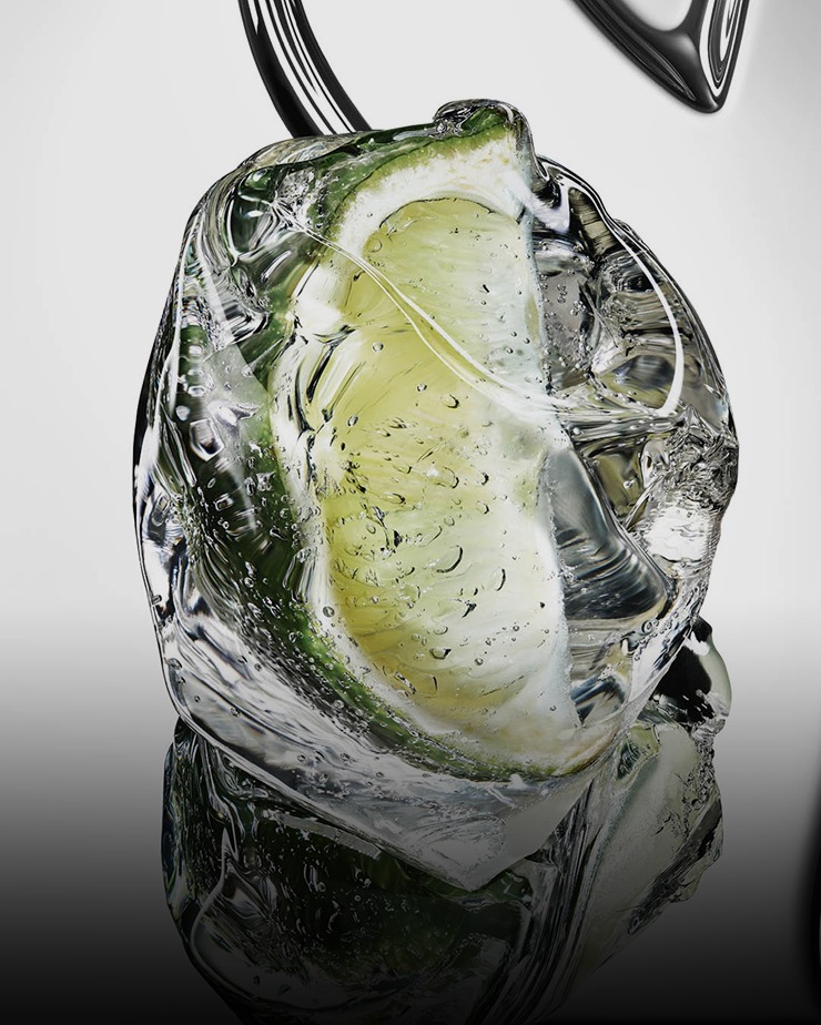 Fresh green bergamot fruit cut in half with water droplets on a reflective YSL Cassandre
background.